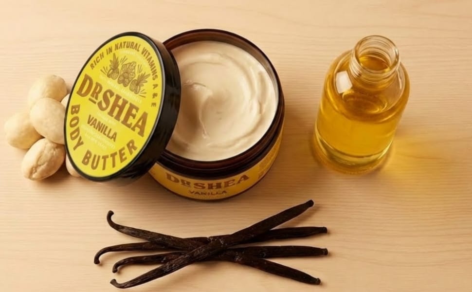 Vanilla body butter with vanilla beans and a small bottle of almond oil on a wooden table