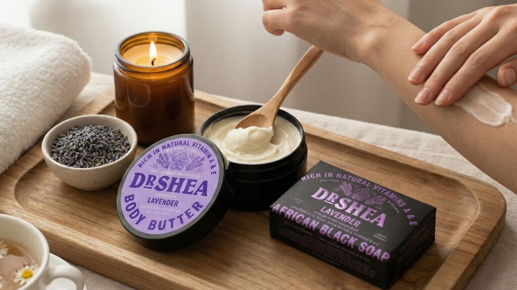 close up of a hand scooping dr. shea lavender body butter with a wooden spoon on a wooden tray, featuring a lit candle, lavender buds, and a cup of chamomile tea.