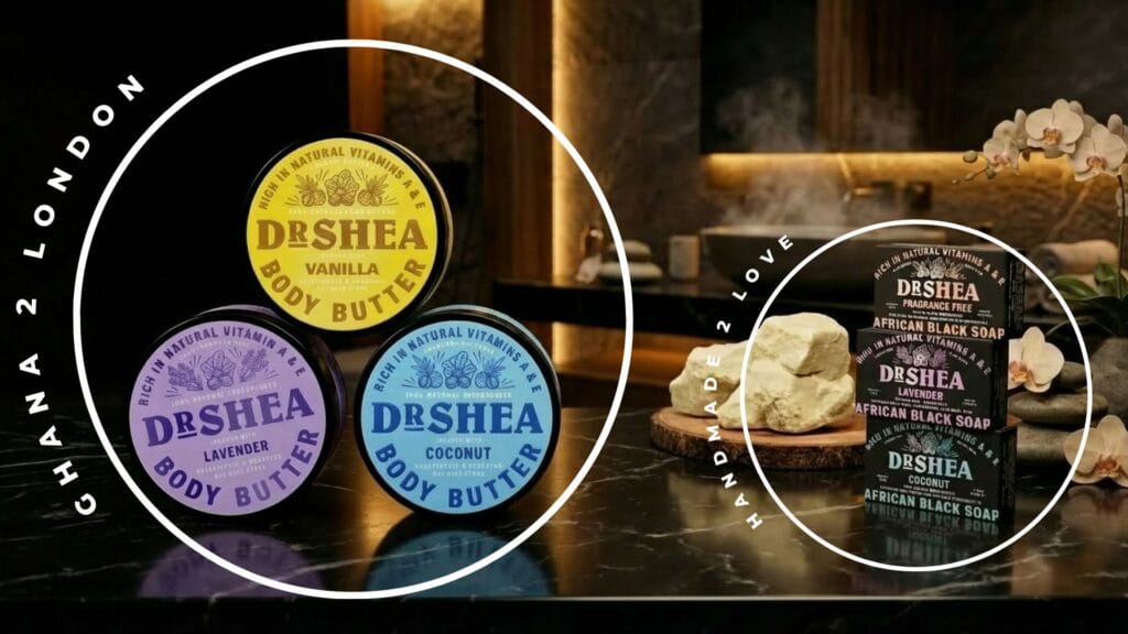 dr shea luxury skincare hero banner showing lavender, vanilla and coconut butters with african black soap on black marble, celebrating the ghana to london heritage