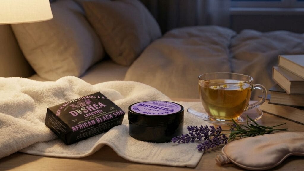 dr. shea lavender shea body butter and african black soap set on a white towel by a bedside lamp, emphasizing a natural sleep aid skincare routine.