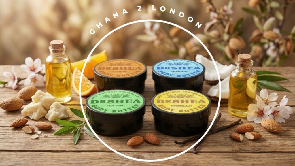 Dr shea body butter with only three naturalingredients. shea butter, almond oil and essential oil.