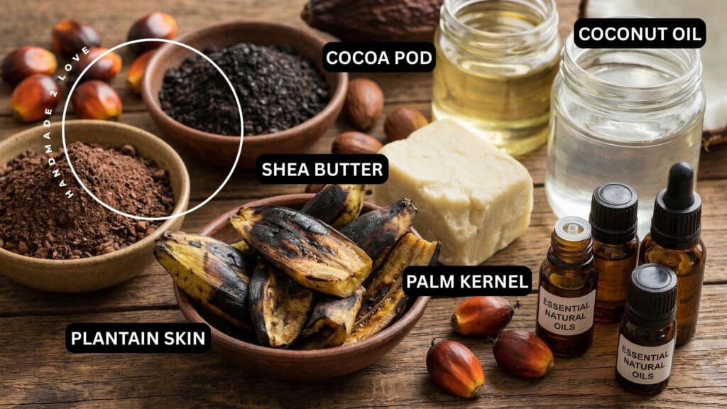 AFRICAN BLACK SOAP INGREDIENTS SHEA BUTTER PLANTAIN SKIN ASH COCOA POD ASH COCONUT OIL