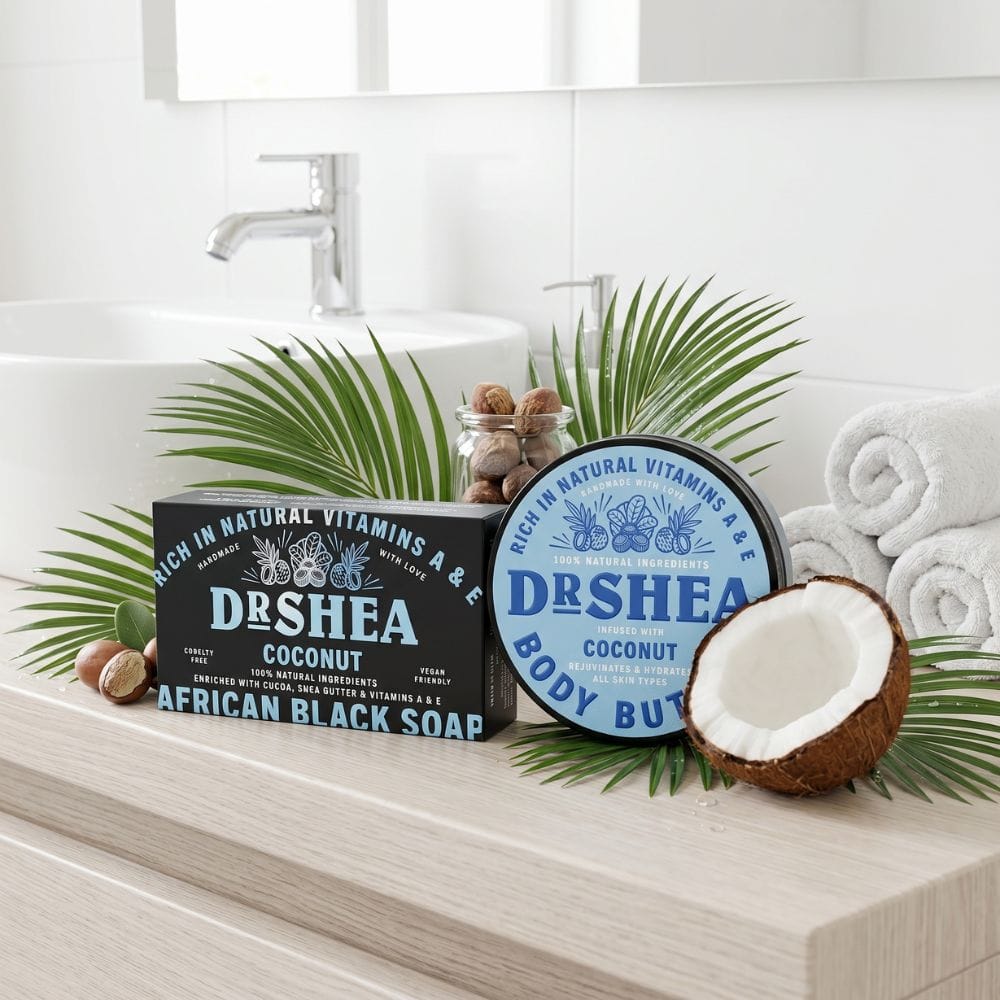 coconut black soap and shea body butter duo set in bathroom background setting coconut black soap and shea body butter duo set in bathroom background setting