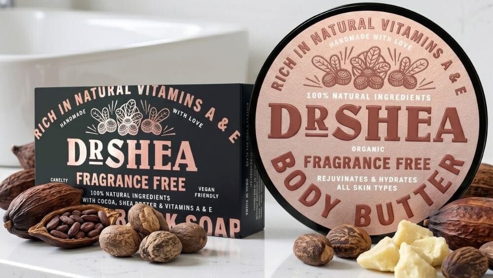 fragrance free black soap and shea body butter duo set in bathroom background setting fragrance free black soap and shea body butter duo set in bathroom background setting