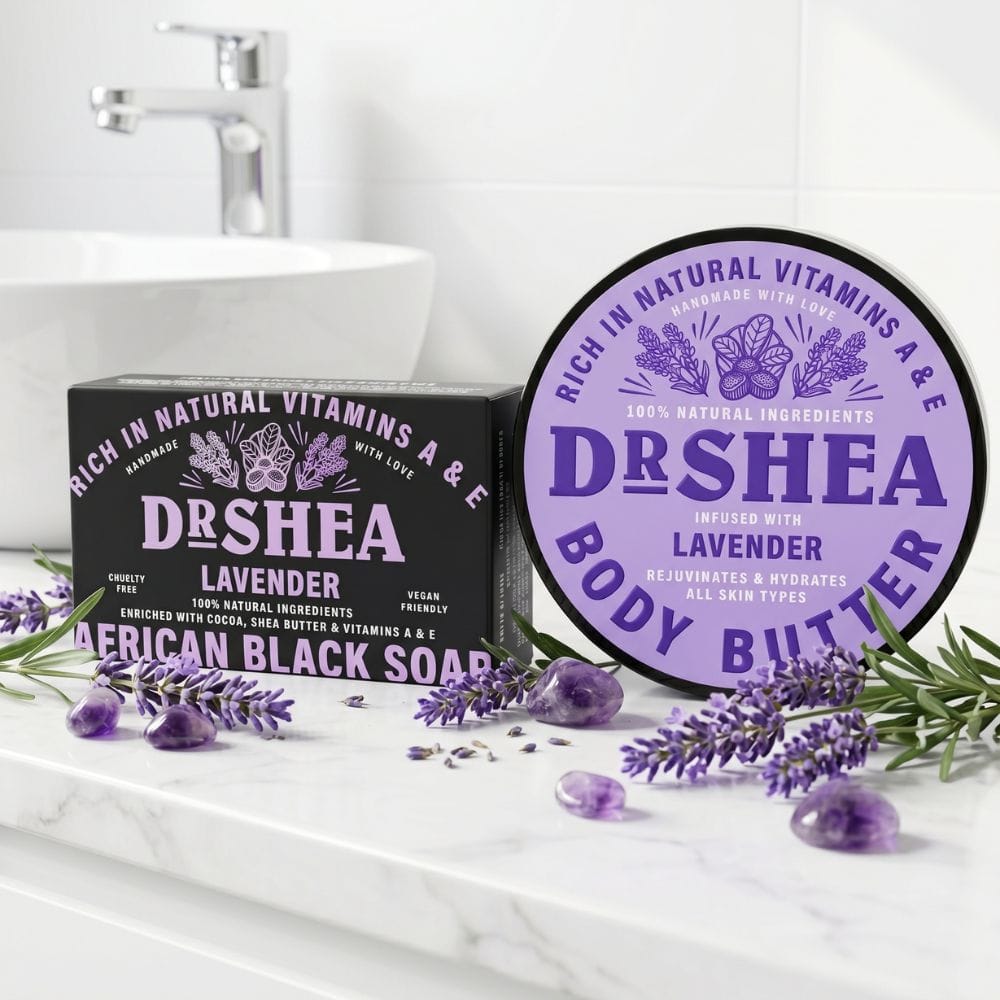 lavender black soap and shea body butter duo set in bathroom background setting lavender black soap and shea body butter duo set in bathroom background setting