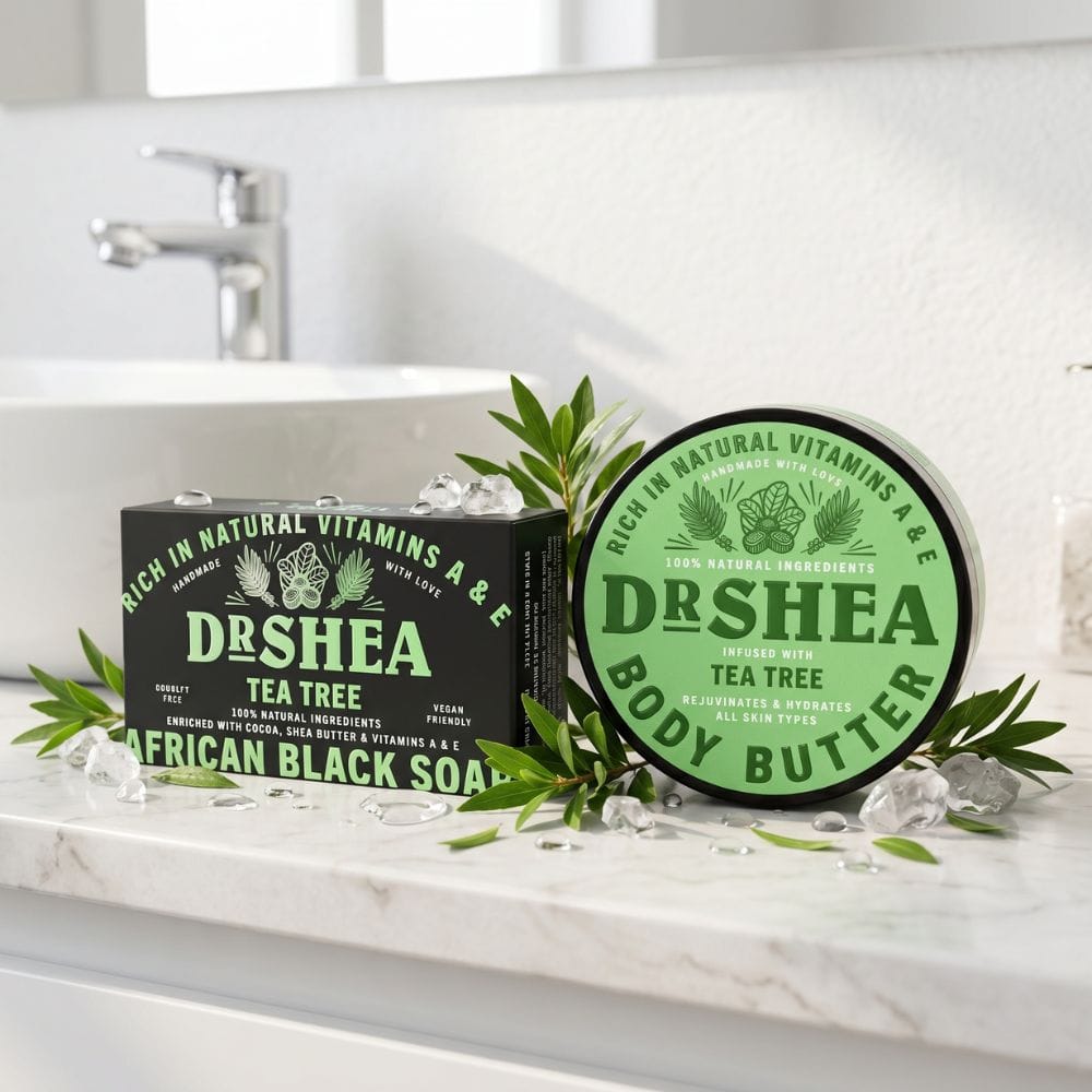 tea tree black soap and shea body butter duo set in bathroom background setting tea tree black soap and shea body butter duo set in bathroom background setting