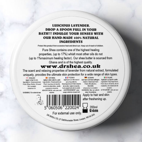 Lavender body butter reverse label with instuctions and ingredients